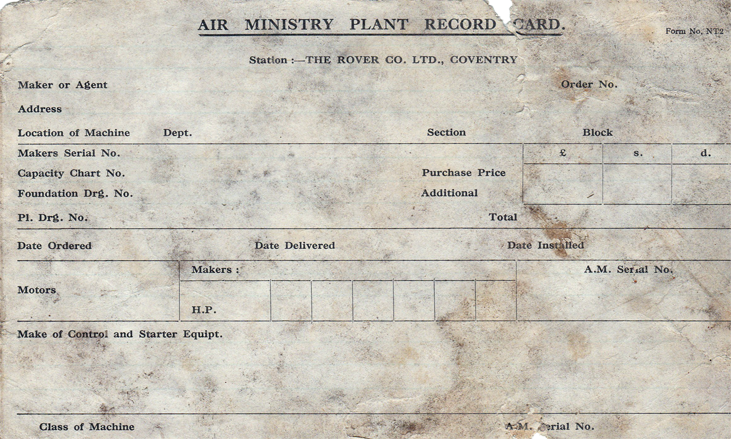 Air Ministry Plant Record Card - Found in 1993 in the Air Ministry Auditors Office in Tunnel 4.